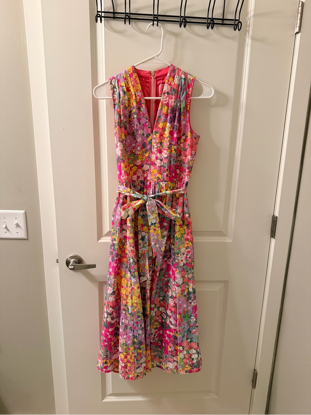 Floral Pink Multi Sleeveless Dress with Waist Tie